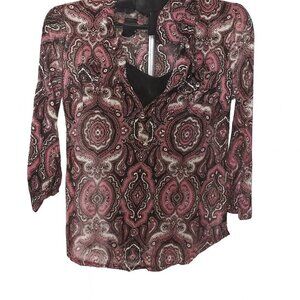 INC International Concepts Pink Black Paisley Blouse Sheer Lined V-Neck L